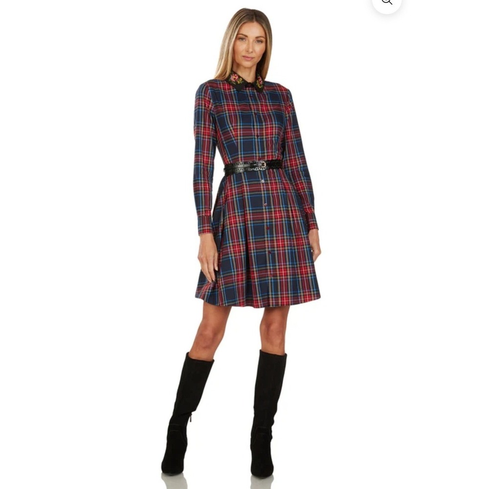 Trish Scully Plaid Shirt Dress Embroidered Floral Collar Navy Red Size 8 NWT